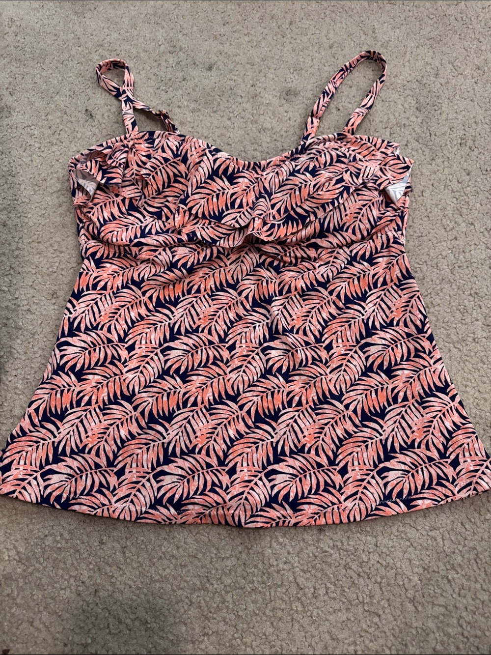 Women's Pink Leaf-Print Spaghetti Strap swim top size 12
